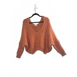 POL Women's Orange Eyelash Fuzzy Chunky Knit Sweater Size Small  Oversized VNeck